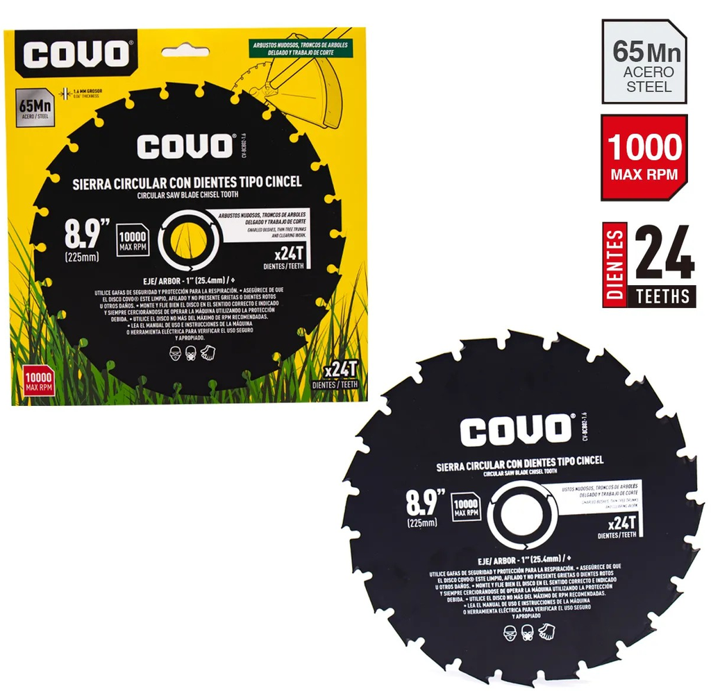 Disco de sierra 8,9" x 1'' 24 dientes COVO (para cesped)