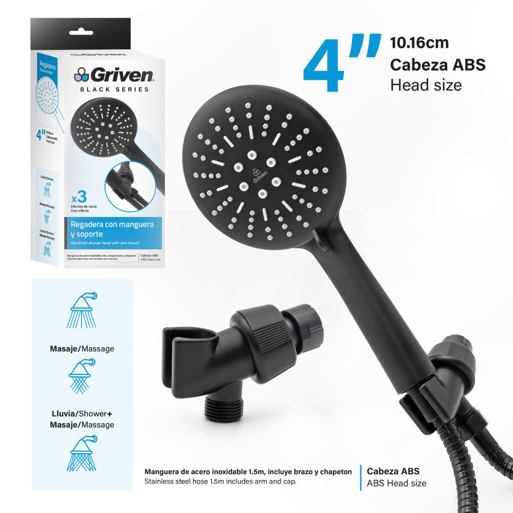 Regadera redonda con manguera GRIVEN (negro)