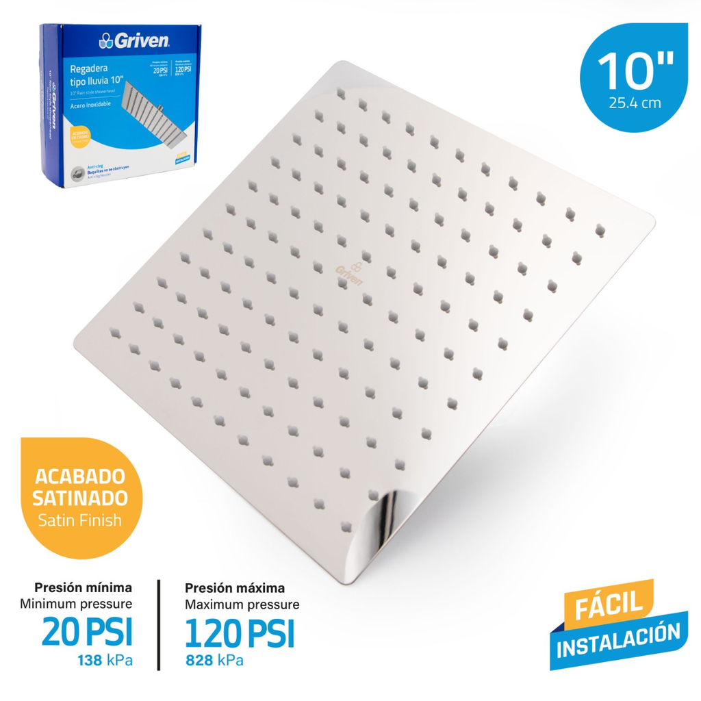 REGADERA PARA DUCHA 10'' CUADRADA CROMADO GRIVEN