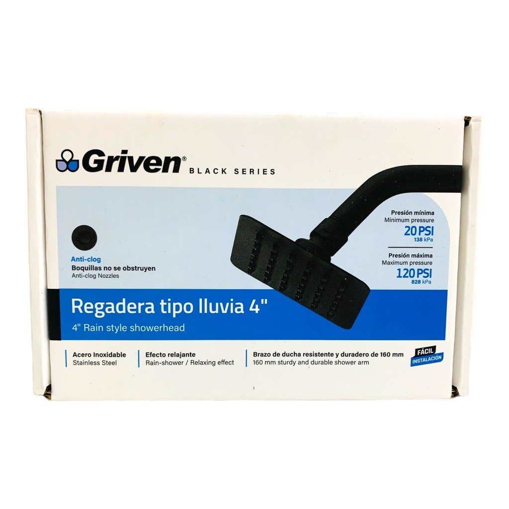 Regadera tipo lluvia 4'' GRIVEN (negra)