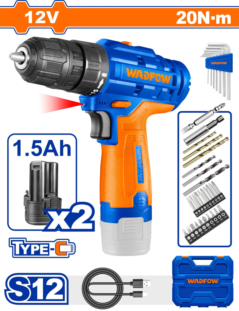 TALADRO DE IMPACTO INALAMBRICO 12V CON ACCESORIOS WADFOW