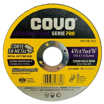 Disco abrasivo 4.1/2" x 1/2'' x 7/8'' COVO PRO (centro plano)
