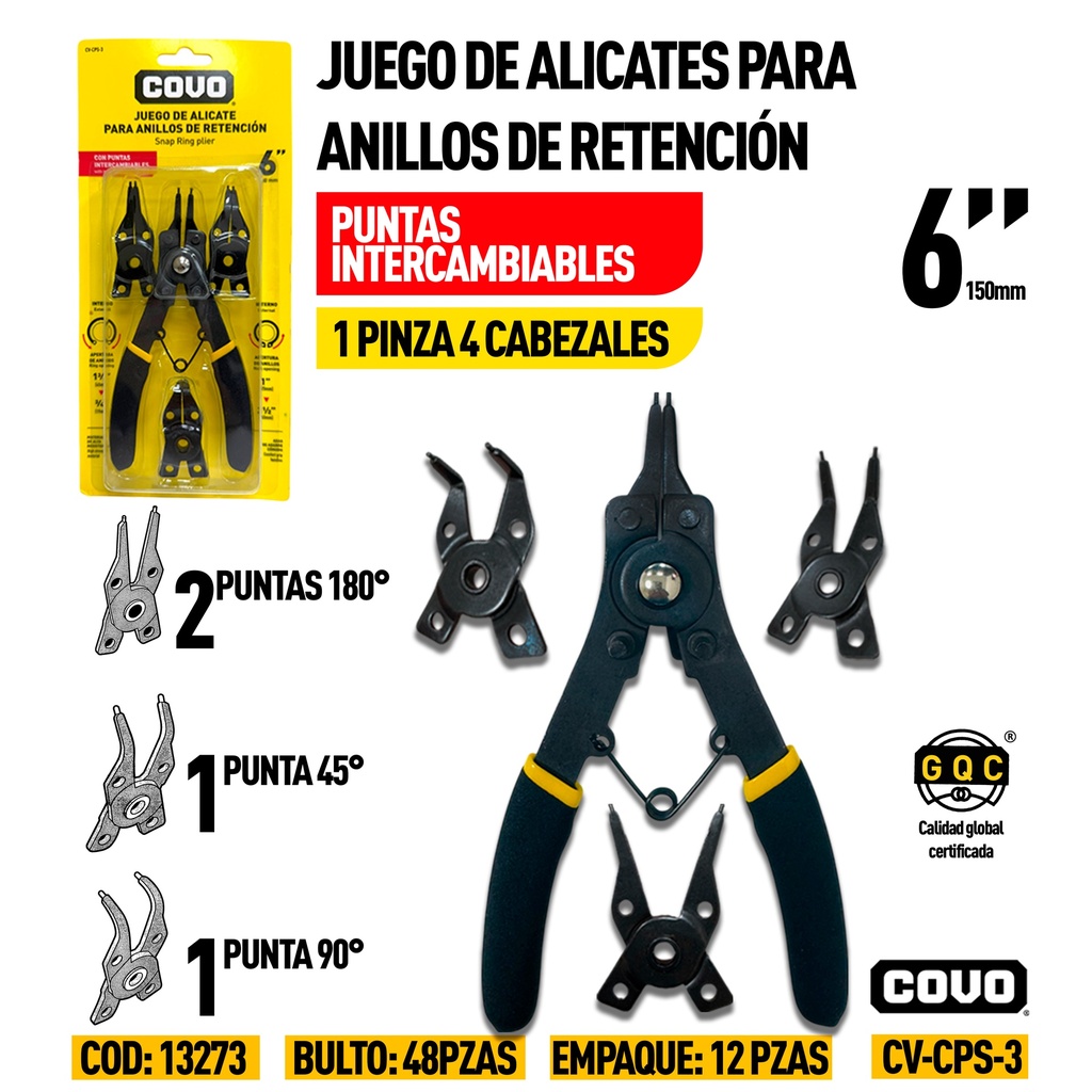 Alicate para anillos de retención 6" COVO (set 4pz)