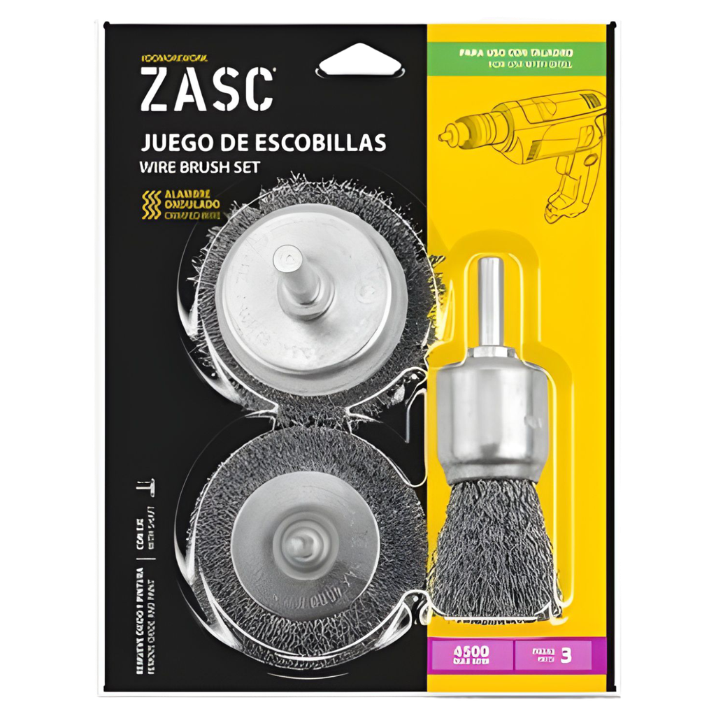 Cepillo de alambre ondulado tipo espiga 1/4'' ZASC (set 3pz)
