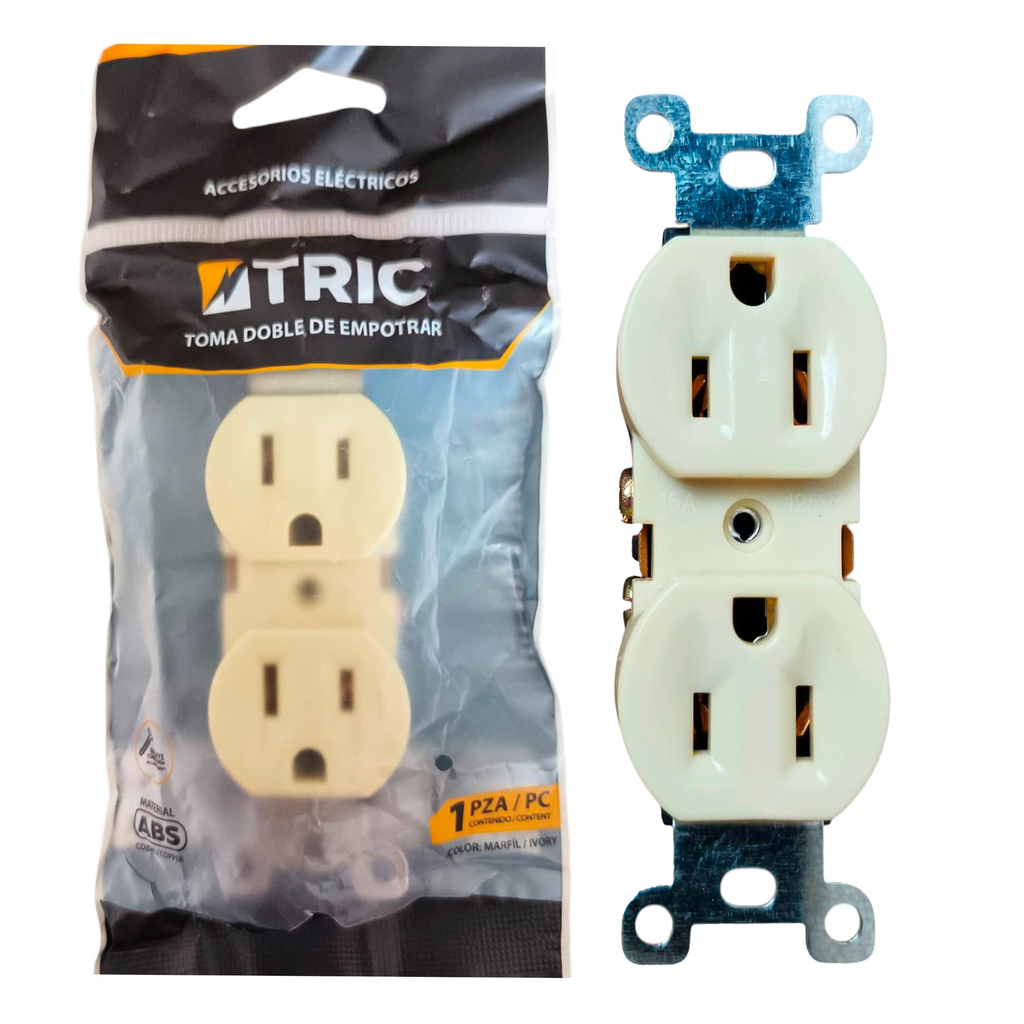 Tomacorriente doble 2p + t ac125v 15a TRIC (marfil)