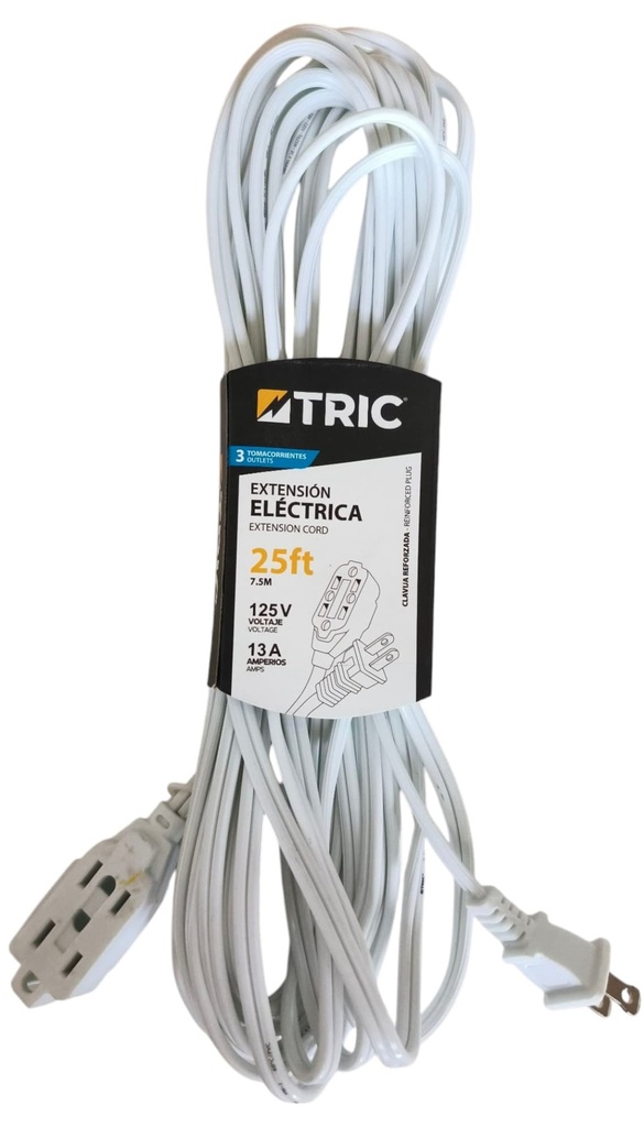 Extensión eléctrica 3 x 2p + t 13a ac125v 7,5 metros TRIC (2 x 16awg)