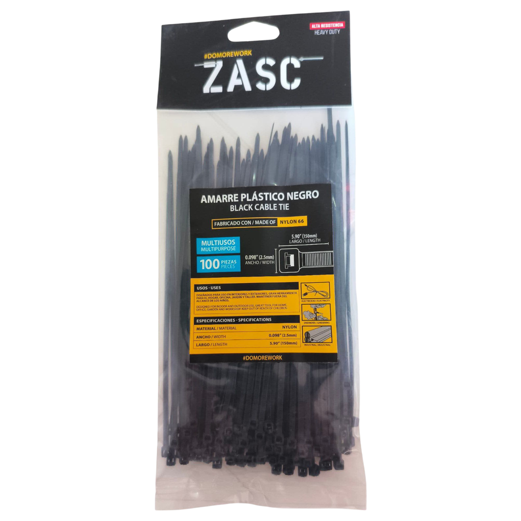 Tie wrap nylon 66 2,5 x 150mm negro ZASC (Set 100pz)