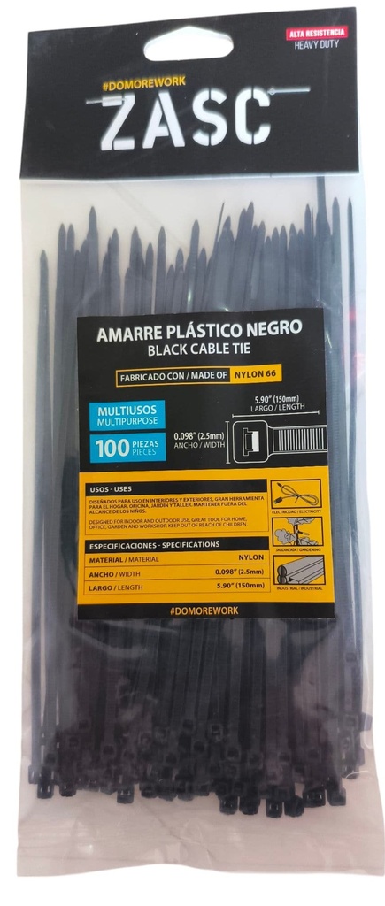 Tie wrap nylon 66 2,5 x 150mm negro ZASC (Set 100pz)