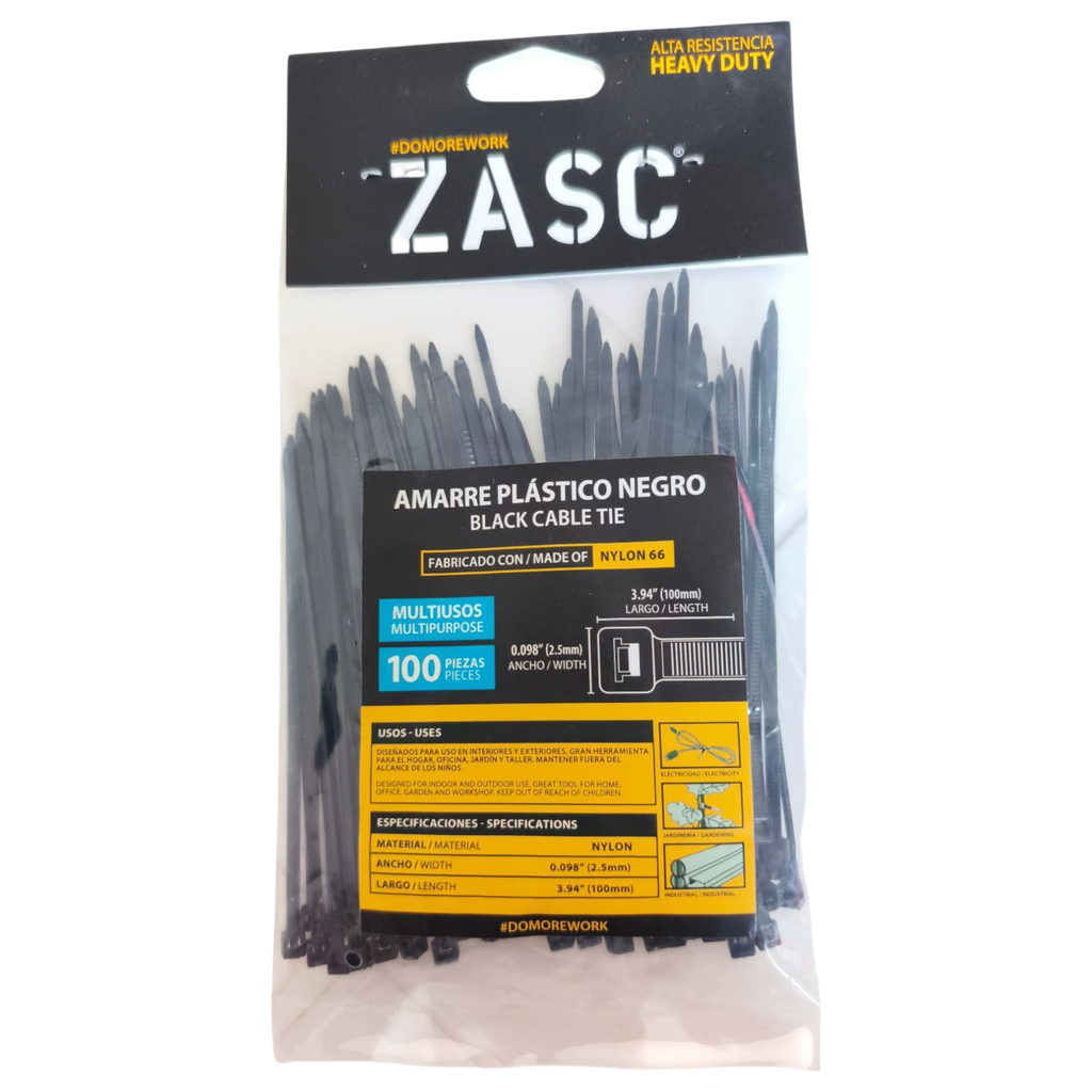 Tie wrap nylon 66 2,5 x 100mm negro ZASC (Set 100pz)