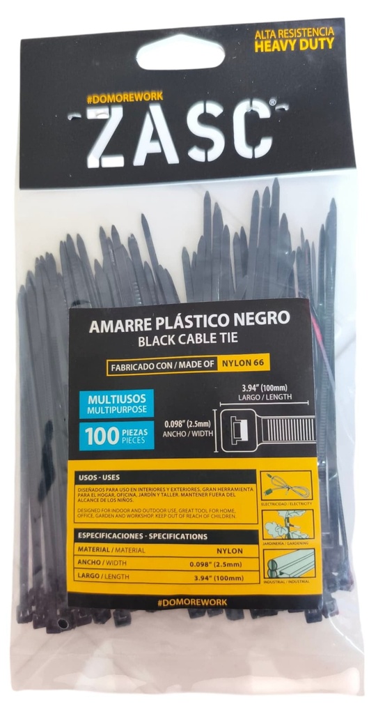 Tie wrap nylon 66 2,5 x 100mm negro ZASC (Set 100pz)