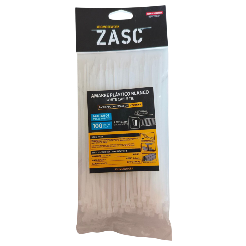 Tie wrap nylon 66 2,5 x 150mm blanco ZASC (Set 100pz)