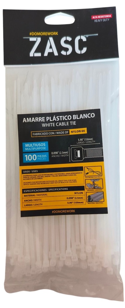 Tie wrap nylon 66 2,5 x 150mm blanco ZASC (Set 100pz)