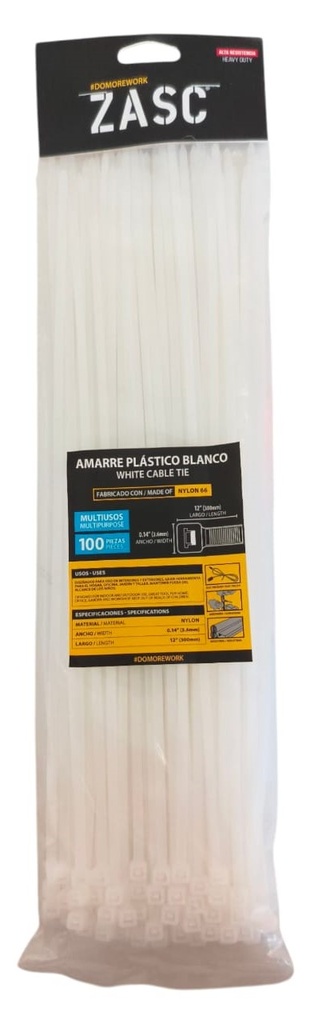 Tie wrap nylon 66 3,6 x 300mm blanco ZASC (Set 100pz)