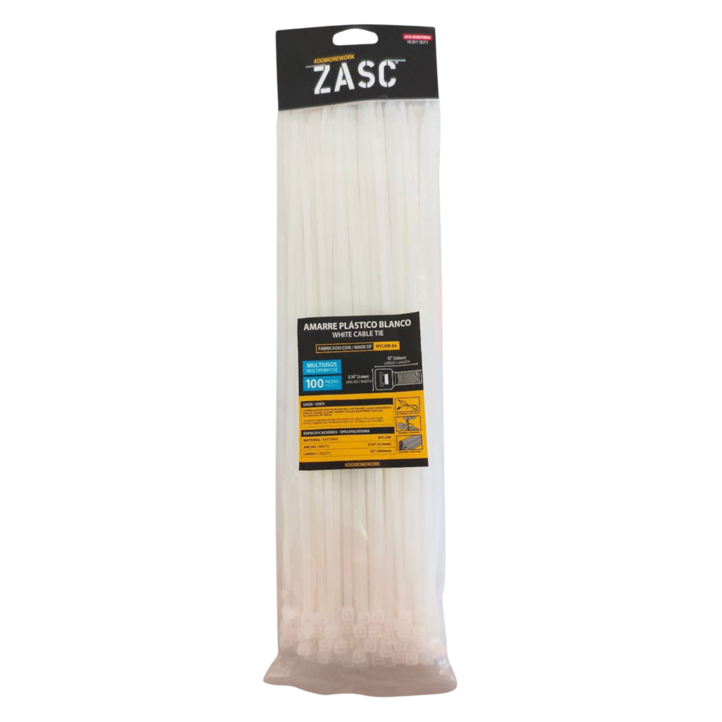 Tie wrap nylon 66 3,6 x 300mm blanco ZASC (Set 100pz)
