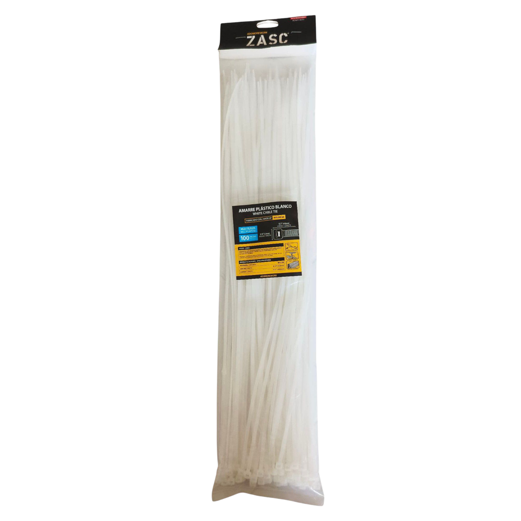 Tie wrap nylon 66 3,6 x 450mm blanco ZASC (Set 100pz)