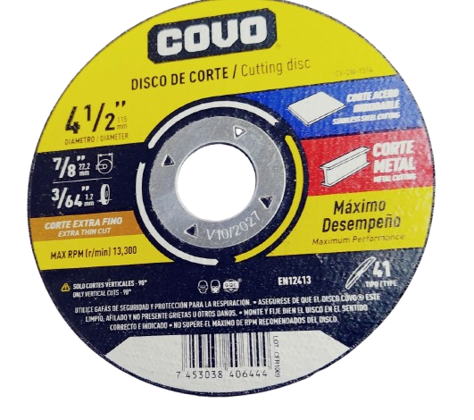Disco abrasivo 4.1/2" x 3/64'' x 7/8'' COVO (centro plano)