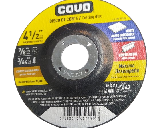Disco abrasivo 4.1/2" x 3/64'' x 7/8'' COVO (centro deprimido)