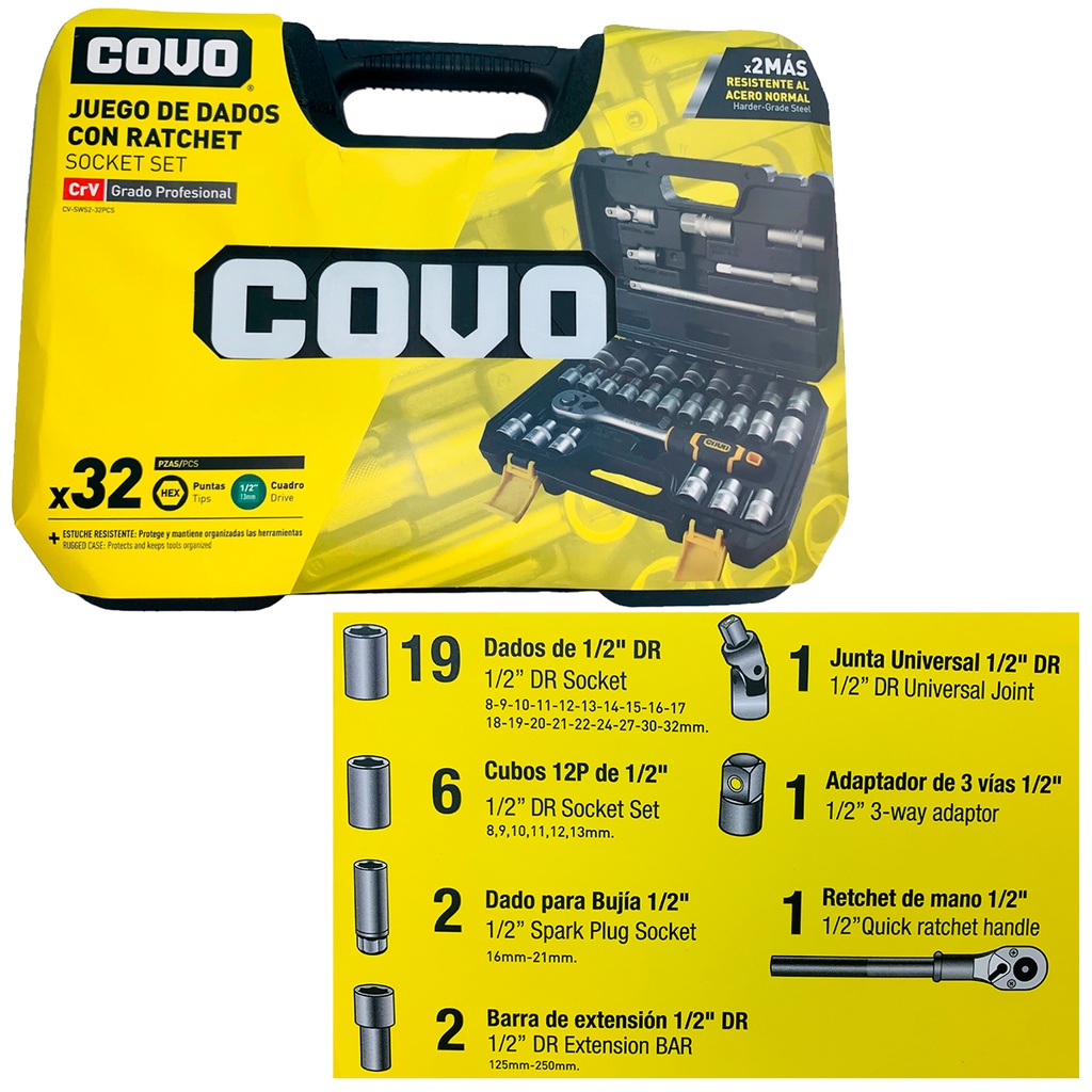 Dados con ratchet ataque 1/2" COVO (set 32pz)