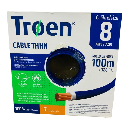 Cable #08 THHN Azul (Rollo 100mts) TROEN