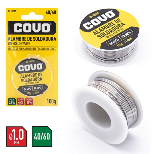 [JD-100PB] Alambre de estaño 1.0mm 100gramos COVO (40% sn- 60% pb)