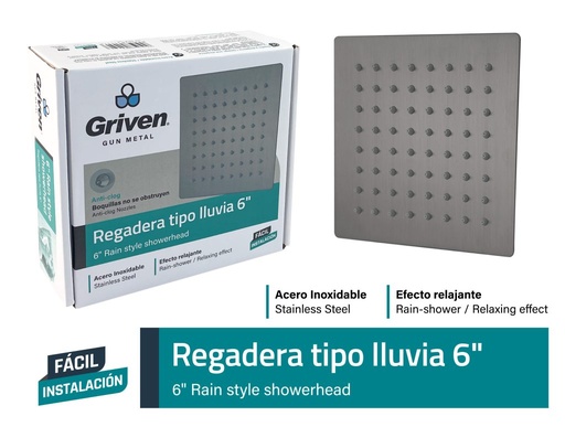 Regadera cuadrada gun metal GRIVEN
