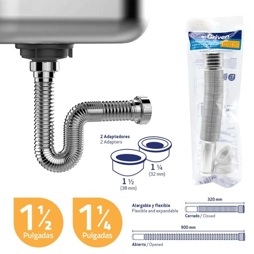 [GV-HDA-151C] Sifon extensible cromado GRIVEN (1.1/2''-1.1/4'')