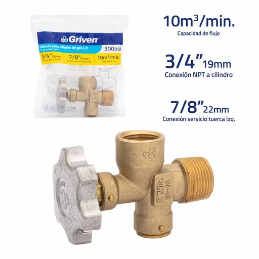 [GV-G2218] Valvula para cilindro de gas 3/4'' x 7/8'' GRIVEN