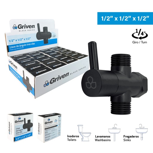 [GV-AVB2-1-2] Llave de arresto doble salida hr1/2'' x mr1/2'' x mr1/2'' GRIVEN (negra)