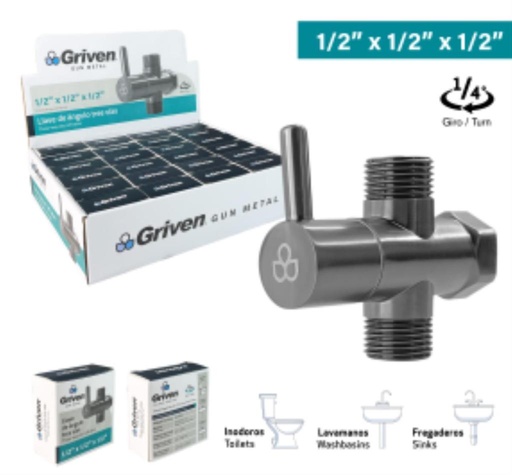 [GV-AVQ2-1-2] Llave de arresto doble salida hr1/2'' x mr1/2'' x mr1/2'' GRIVEN (gun metal)