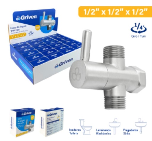 [GV-AVS2-1-2] Llave de arresto doble salida mr1/2'' x hr1/2'' x mr1/2'' GRIVEN (satinado)