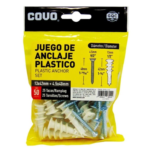 [CV-PPS-4-5X40] Anclaje plastico con tornillo COVO (set 50pz)