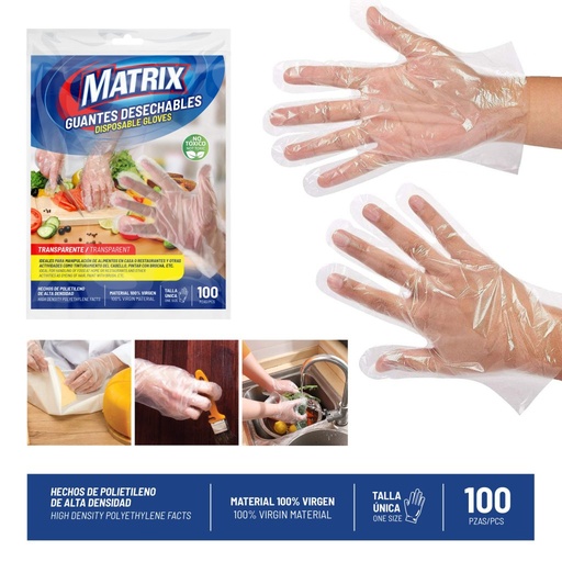 [A018-12DG50ZB] Guante transparente de polietileno desechable talla unica MATRIX (set 100pz)