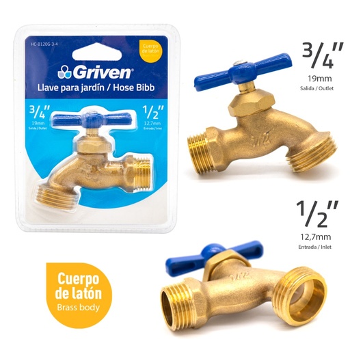 [HC-B120G-3-4] Llave de manguera 3/4'' X 1/2'' GRIVEN (bronce)