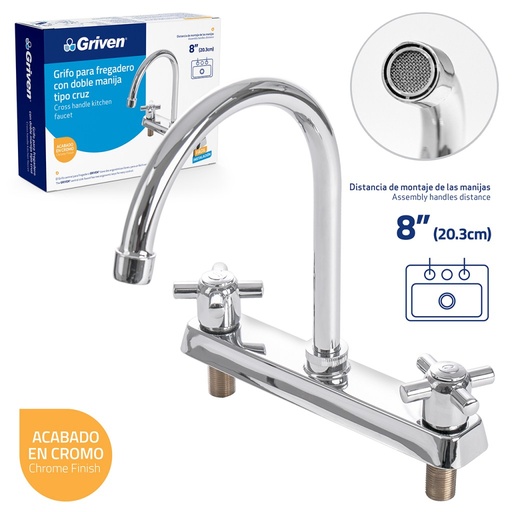 [A367-GF1416] GRIFERIA FREGADERO 8'' MANIJA CRUZ GRIVEN 