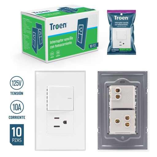 [A136-ETW-1K1C] Interruptor sencillo rectangular C/tomacorriente sobreponer TROEN (Blanco)