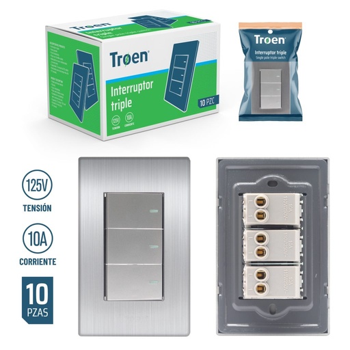 [A136-ETP-3K] Interruptor triple TROEN (plateado)