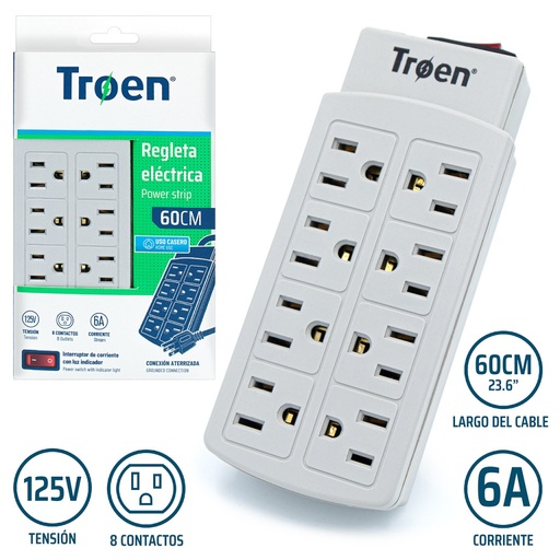 [ETR-H1401] Multitoma electrica 8 tomas 2p + t 750w 6a 110v TROEN 