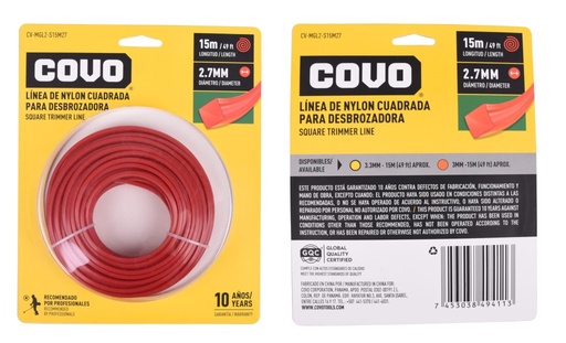 [CV-MGL2-S15M27] NYLON CUADRADO PARA DESMALEZADORA 15MTX2.7MM COVO 