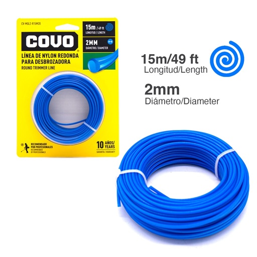 [CV-MGL2-R15M20] NYLON REDONDO PARA DESMALEZADORA 15MT X 2,0MM COVO 