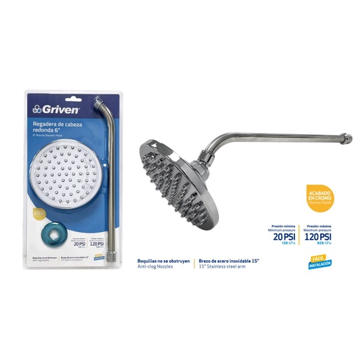 [A367-G1215] Regadera redonda 6″ con extension GRIVEN (cromada)