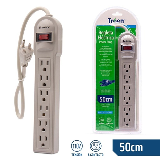 [ETR-S1404] REGLETA ELECTRICA 6 TOMAS CON TIERRA TROEN 