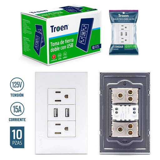 [A136-ETW-6C2U] TOMA DOBLE + 2XUSB BLANCO TROEN