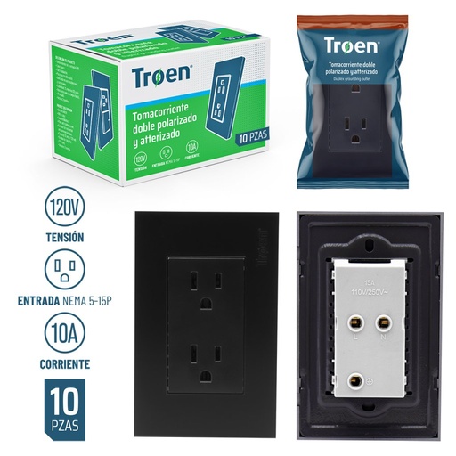 [A136-ETB-6C ] Tomacorriente doble 2p + t TROEN (negro)