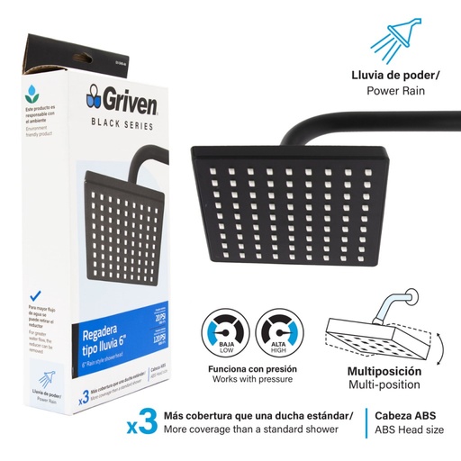 Regadera cuadrada con brazo GRIVEN (negra)