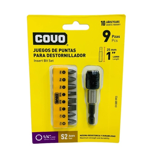 [CV-SDBT-9CS] Puntas para destornillador con adaptador COVO (set 9pz)