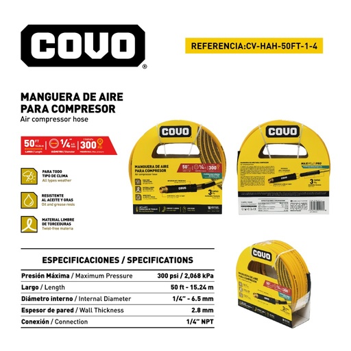 [CV-HAH-50FT-1-4] Manguera de aire 1/4" 15,20mts COVO