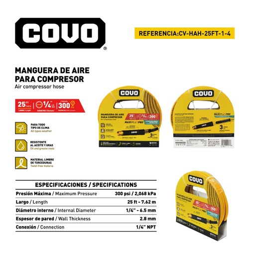 [CV-HAH-25FT-1-4] Manguera de aire 1/4" 7.62mts COVO
