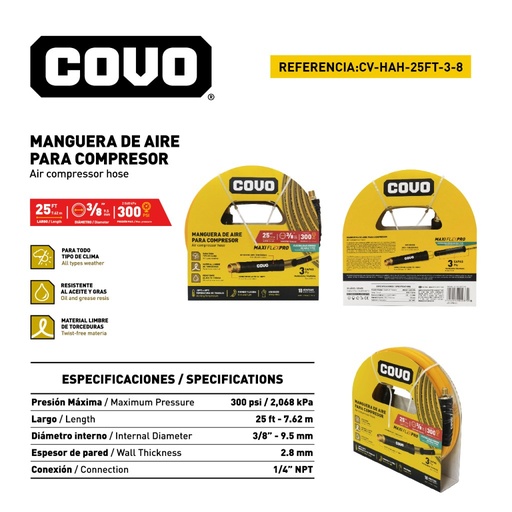 [CV-HAH-25FT-3-8] Manguera de aire 3/8" 7,62mts COVO