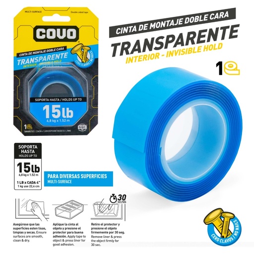 [CV-DSMT-C] Cinta doble cara 15 libras COVO (2,54cm x 1,52 mts)
