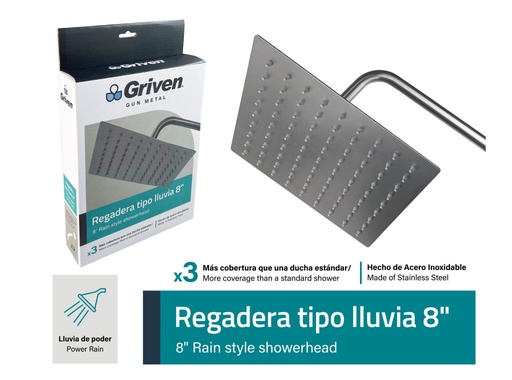 [GV-SHQM8-R] Regadera redonda 8'' Gun Metal GRIVEN